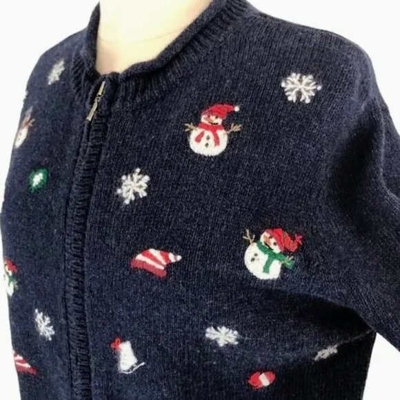 Vintage Croft & Barrow Snowman Wool Angora Embroidered Zip Cardigan Navy Size PM - Picture 6 of 9
